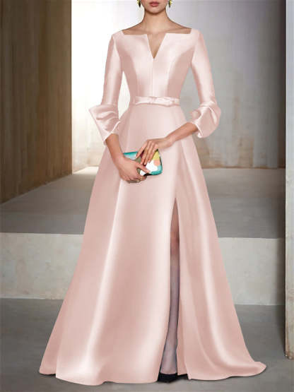V-Neck Floor-Length Evening Dresses with Long Sleeves in A-Line/Princess Style