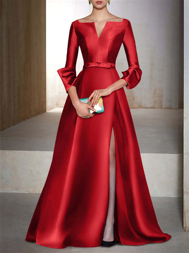 V-Neck Floor-Length Evening Dresses with Long Sleeves in A-Line/Princess Style