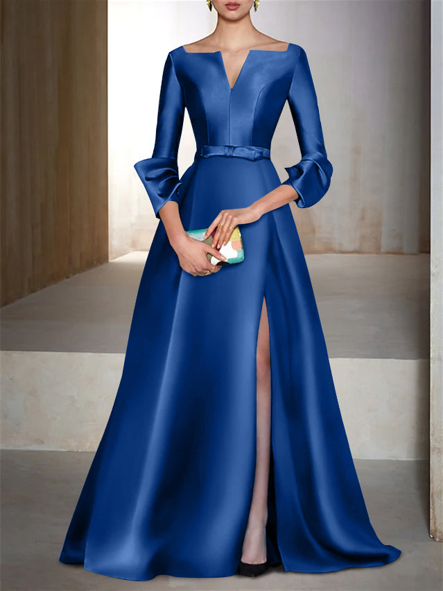 V-Neck Floor-Length Evening Dresses with Long Sleeves in A-Line/Princess Style