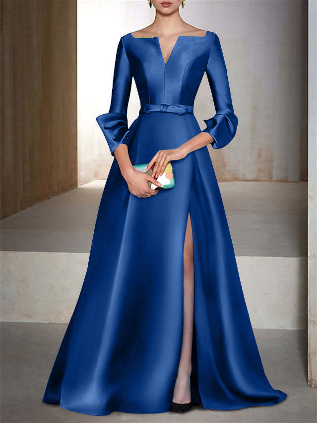V-Neck Floor-Length Evening Dresses with Long Sleeves in A-Line/Princess Style