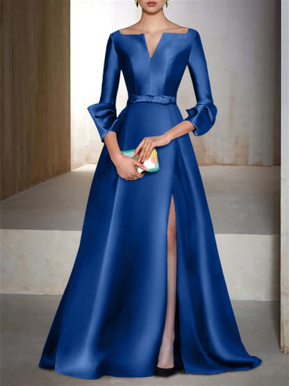 V-Neck Floor-Length Evening Dresses with Long Sleeves in A-Line/Princess Style