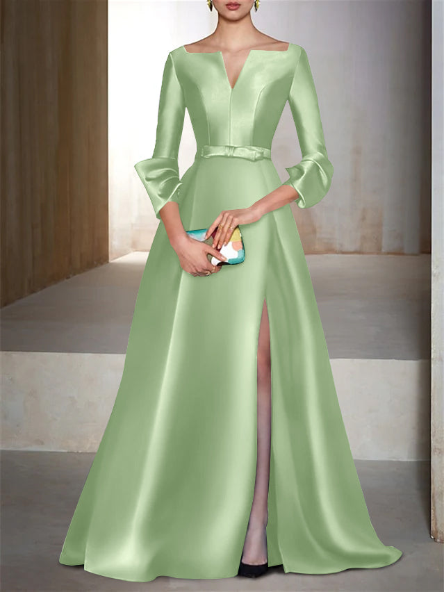 V-Neck Floor-Length Evening Dresses with Long Sleeves in A-Line/Princess Style
