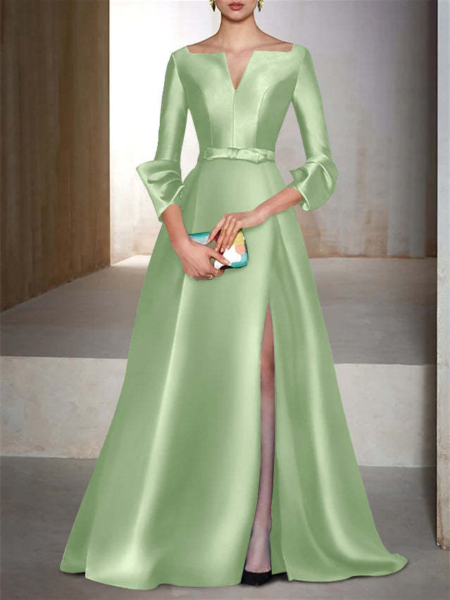 V-Neck Floor-Length Evening Dresses with Long Sleeves in A-Line/Princess Style