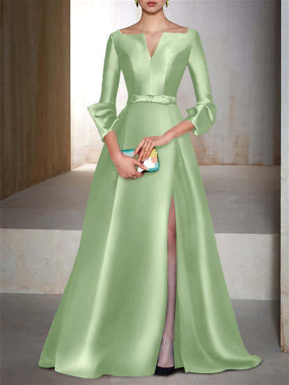 V-Neck Floor-Length Evening Dresses with Long Sleeves in A-Line/Princess Style