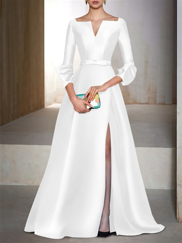 V-Neck Floor-Length Evening Dresses with Long Sleeves in A-Line/Princess Style