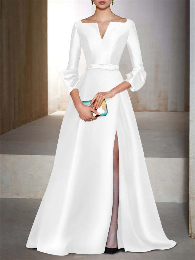 V-Neck Floor-Length Evening Dresses with Long Sleeves in A-Line/Princess Style