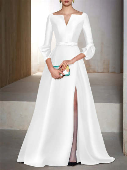 V-Neck Floor-Length Evening Dresses with Long Sleeves in A-Line/Princess Style