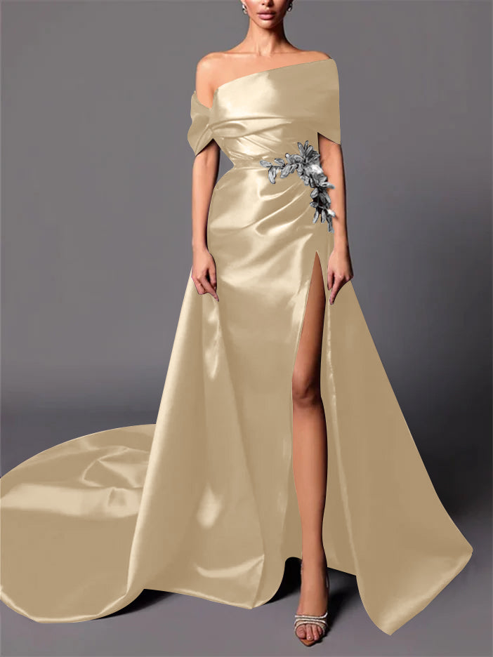 Evening Dresses with Sweep Train in A-Line/Princess and Off-the-Shoulder Style