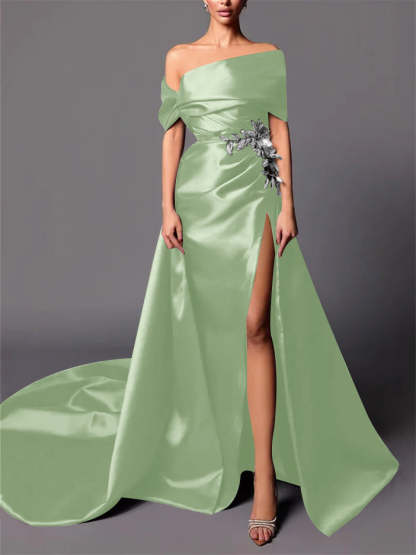 Evening Dresses with Sweep Train in A-Line/Princess and Off-the-Shoulder Style
