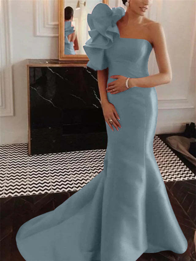 Evening Dresses with Ruffles: Strapless Sleeveless Mermaid/Trumpet Court Train