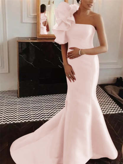 Evening Dresses with Ruffles: Strapless Sleeveless Mermaid/Trumpet Court Train