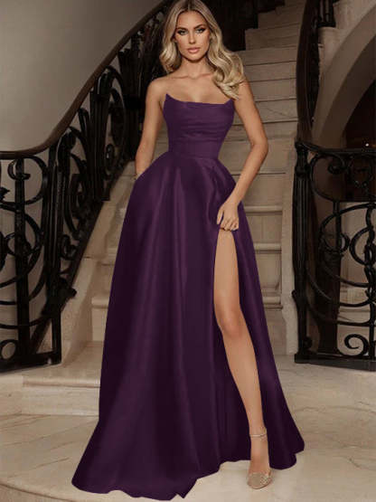 Strapless Sleeveless A-Line Princess Evening Gown with Side Split