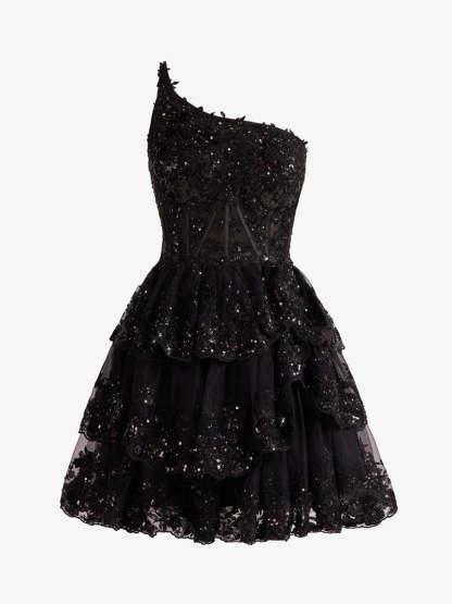 One-Shoulder Sleeveless A-Line Mini Party Dress with Sequins for Homecoming or Dance