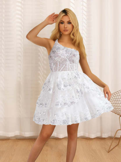 One-Shoulder Sleeveless A-Line Mini Party Dress with Sequins for Homecoming or Dance