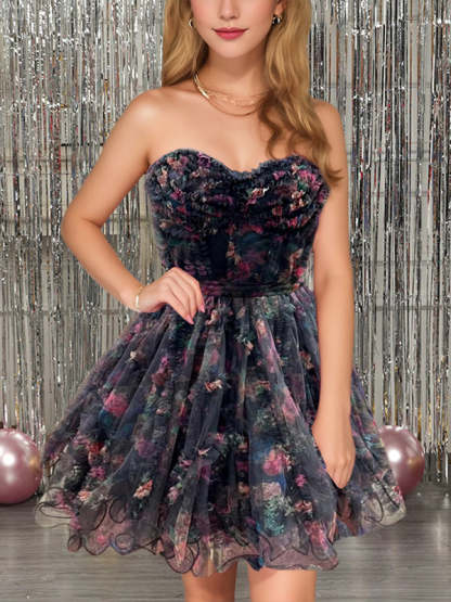 Strapless Sleeveless A-Line Mini Dress for Party Dance or Homecoming