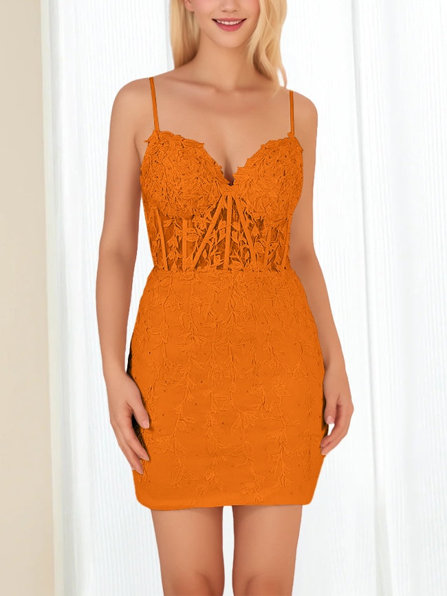 Sweetheart Spaghetti-Strap Mini Sheath Dress with Lace Appliques & Beadings