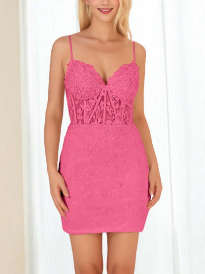 Sweetheart Spaghetti-Strap Mini Sheath Dress with Lace Appliques & Beadings