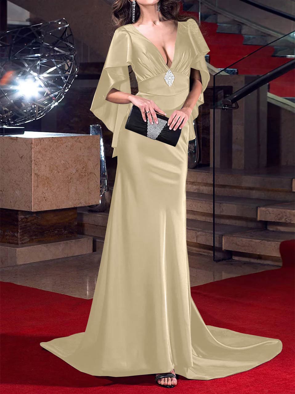 Evening Dresses with Crystals: Mermaid/Trumpet Silhouette and Plunging Neckline