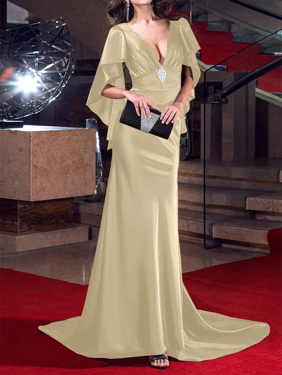 Evening Dresses with Crystals: Mermaid/Trumpet Silhouette and Plunging Neckline