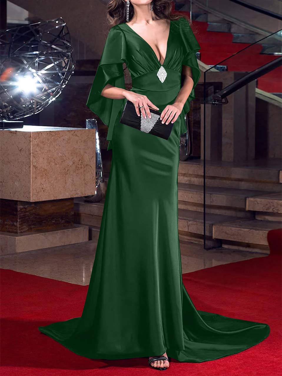 Evening Dresses with Crystals: Mermaid/Trumpet Silhouette and Plunging Neckline