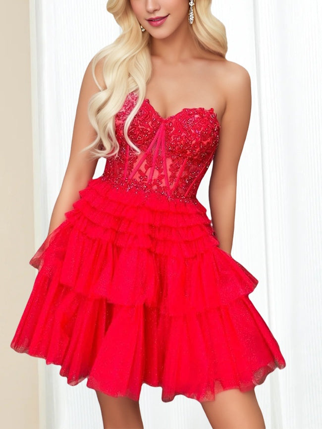 Sweetheart Sleeveless A-Line Mini Dress with Lace Appliques & Sequins for Party Dance or Homecoming