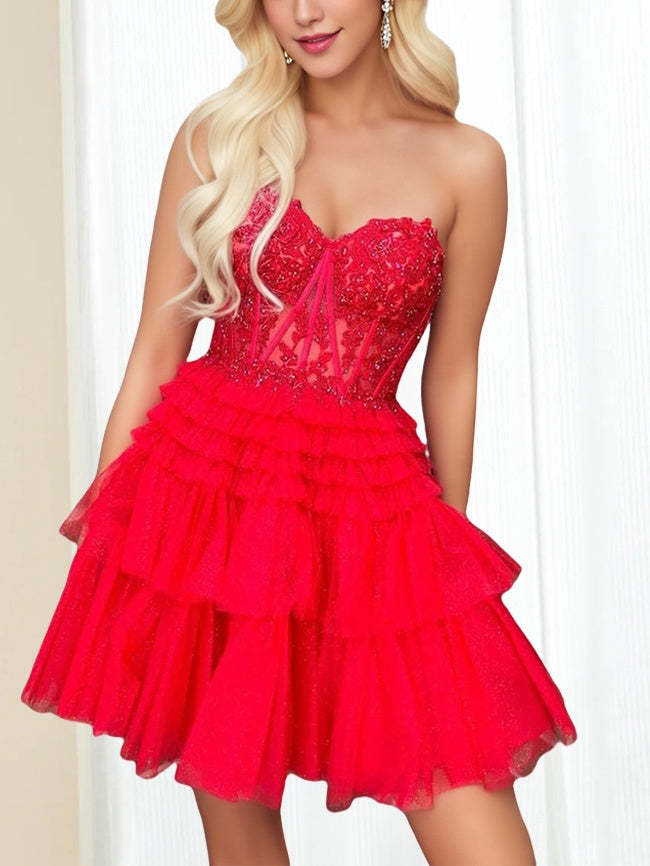 Sweetheart Sleeveless A-Line Mini Dress with Lace Appliques & Sequins for Party Dance or Homecoming