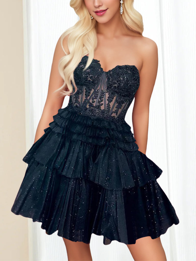 Sweetheart Sleeveless A-Line Mini Dress with Lace Appliques & Sequins for Party Dance or Homecoming