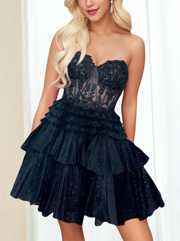 Sweetheart Sleeveless A-Line Mini Dress with Lace Appliques & Sequins for Party Dance or Homecoming