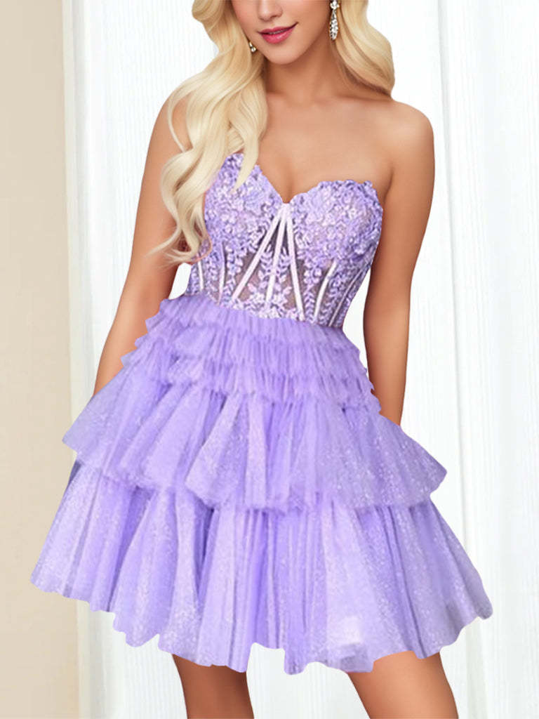 Sweetheart Sleeveless A-Line Mini Dress with Lace Appliques & Sequins for Party Dance or Homecoming
