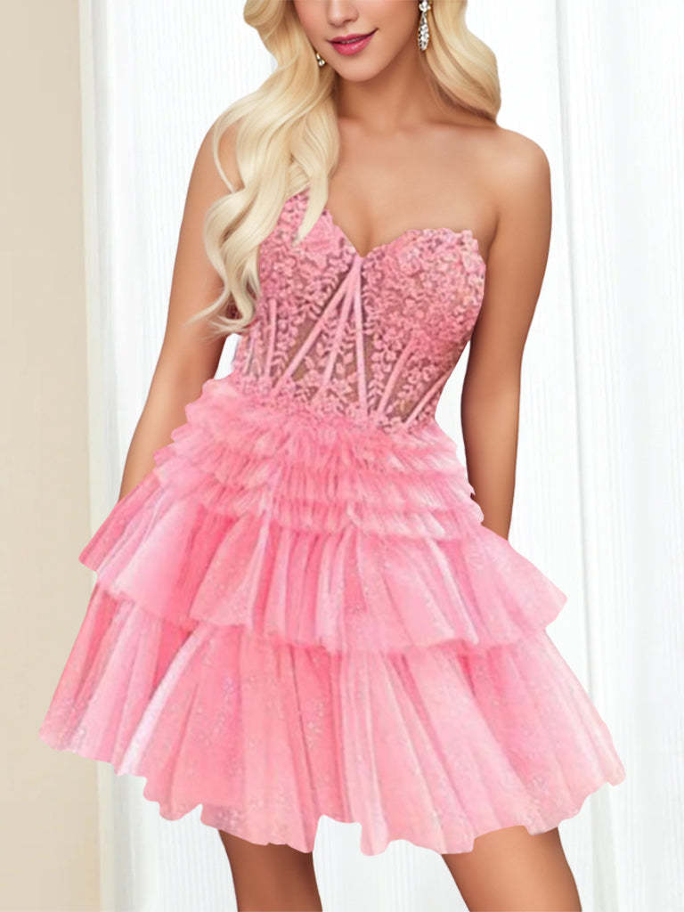 Sweetheart Sleeveless A-Line Mini Dress with Lace Appliques & Sequins for Party Dance or Homecoming