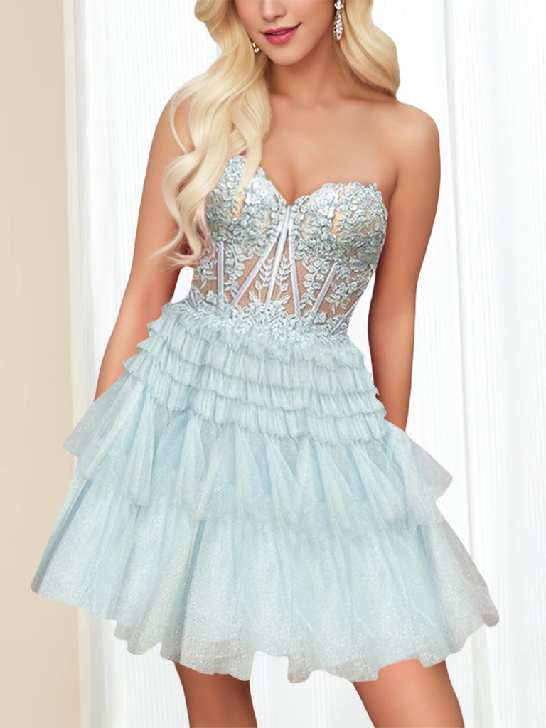Sweetheart Sleeveless A-Line Mini Dress with Lace Appliques & Sequins for Party Dance or Homecoming