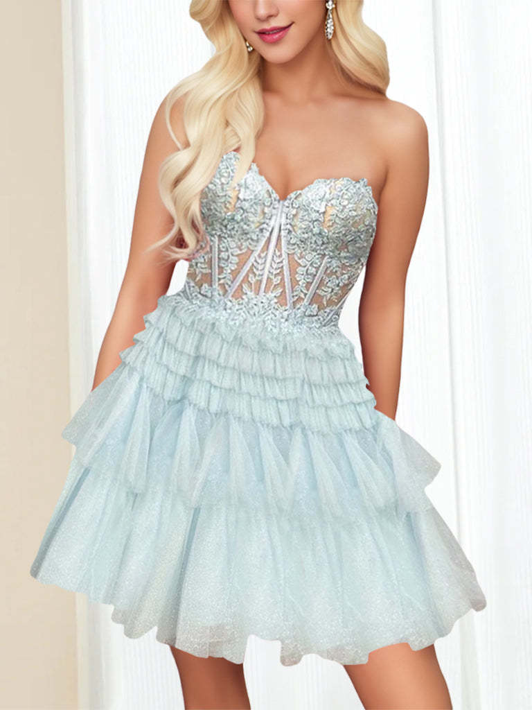 Sweetheart Sleeveless A-Line Mini Dress with Lace Appliques & Sequins for Party Dance or Homecoming