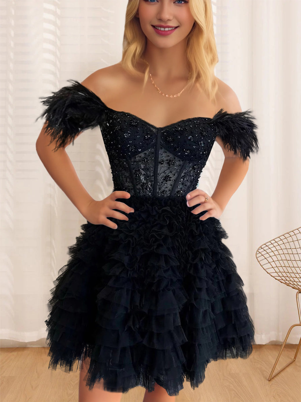 Sleeveless A-Line Mini Cocktail Dress with Ruffles and Feathers for Party or Homecoming