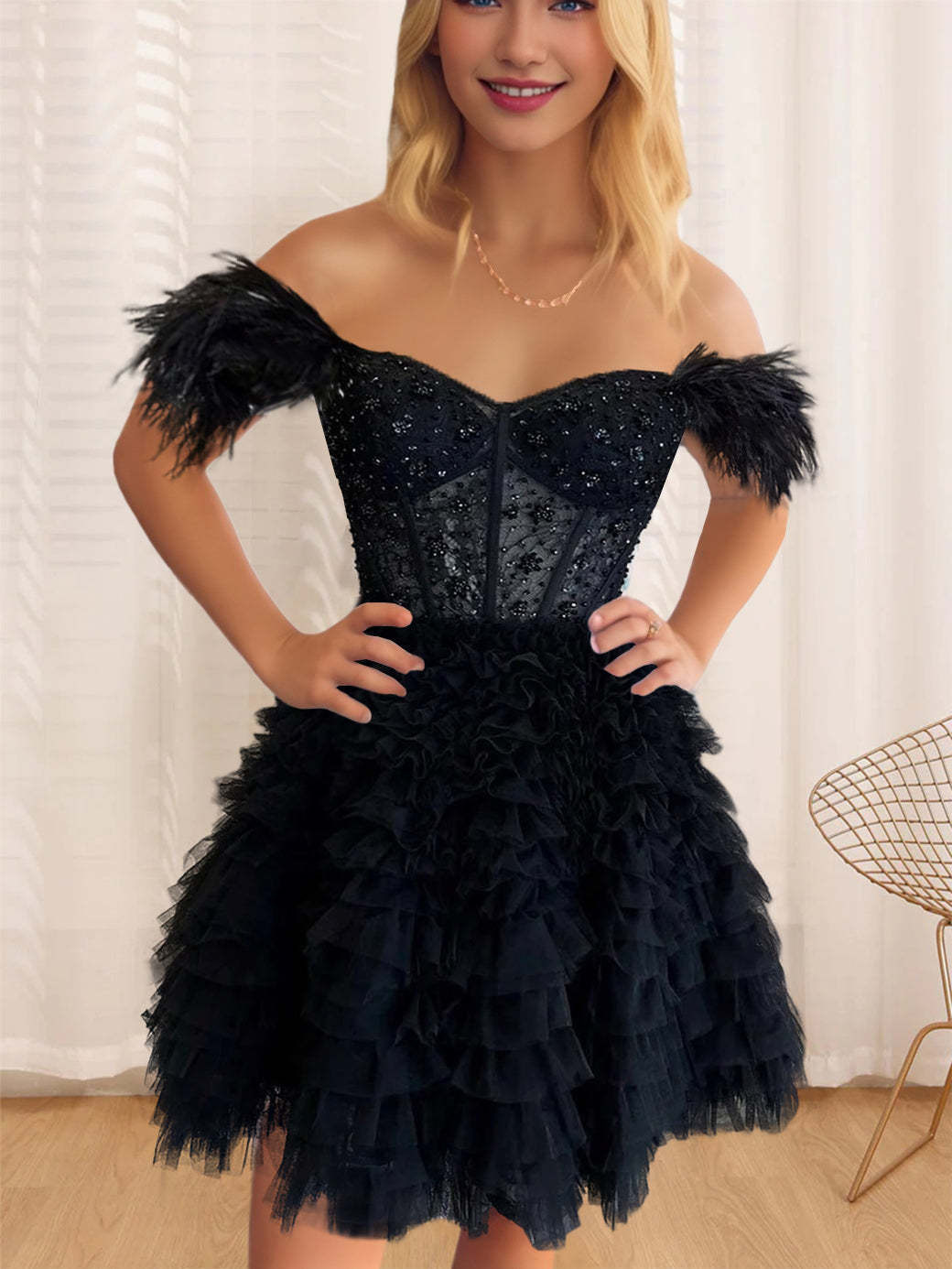 Sleeveless A-Line Mini Cocktail Dress with Ruffles and Feathers for Party or Homecoming