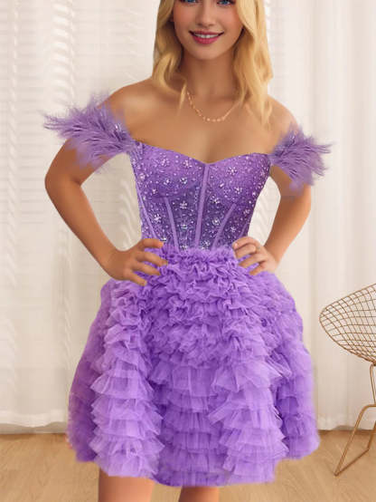 Sleeveless A-Line Mini Cocktail Dress with Ruffles and Feathers for Party or Homecoming