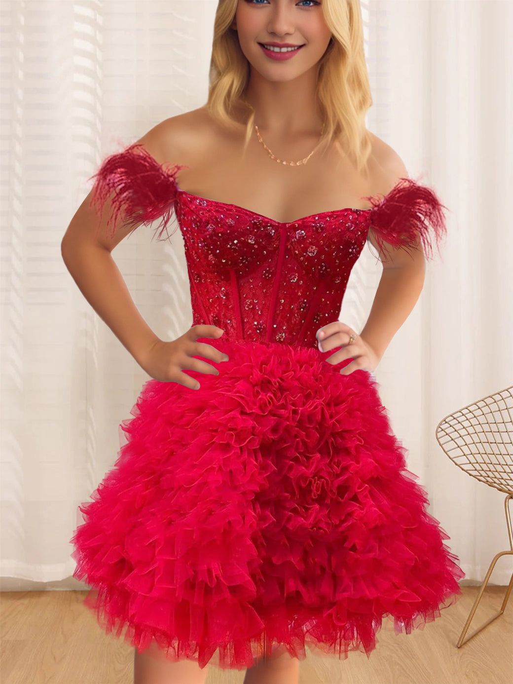 Sleeveless A-Line Mini Cocktail Dress with Ruffles and Feathers for Party or Homecoming