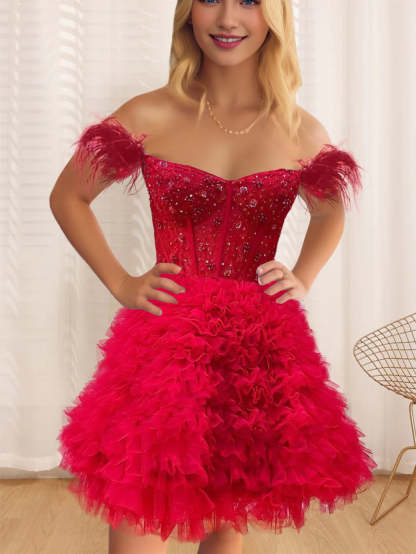 Sleeveless A-Line Mini Cocktail Dress with Ruffles and Feathers for Party or Homecoming