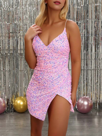 Spaghetti-Strap Sleeveless Sheath/Column Mini/Short Dress With Slit & Pleats for Party Dance or Homecoming-BMbridal.UK