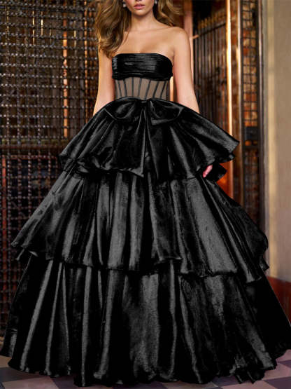 Strapless Floor-Length Ball Gown with Ruffles for Evening