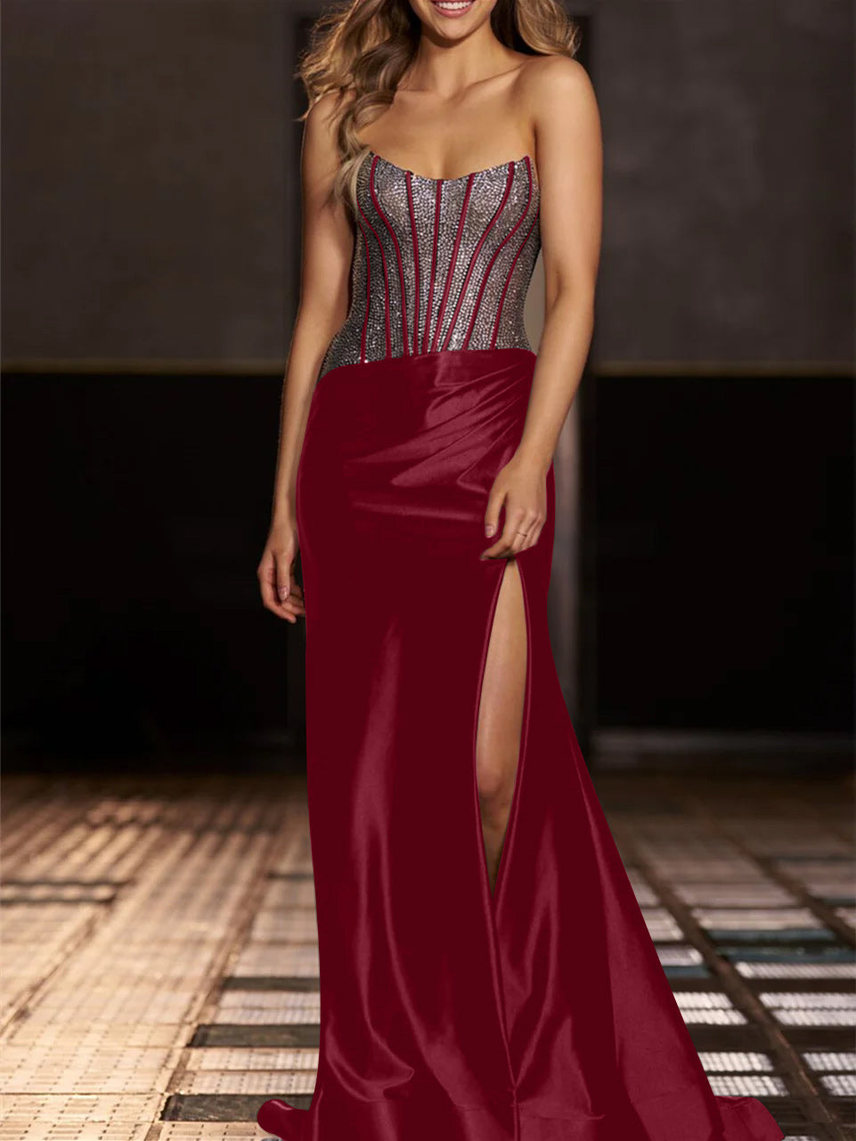 Strapless Floor-Length Evening Gowns with Sequin in Mermaid/Trumpet Style