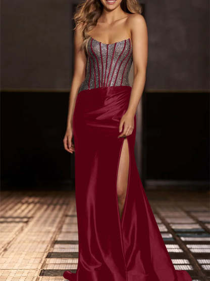 Strapless Floor-Length Evening Gowns with Sequin in Mermaid/Trumpet Style