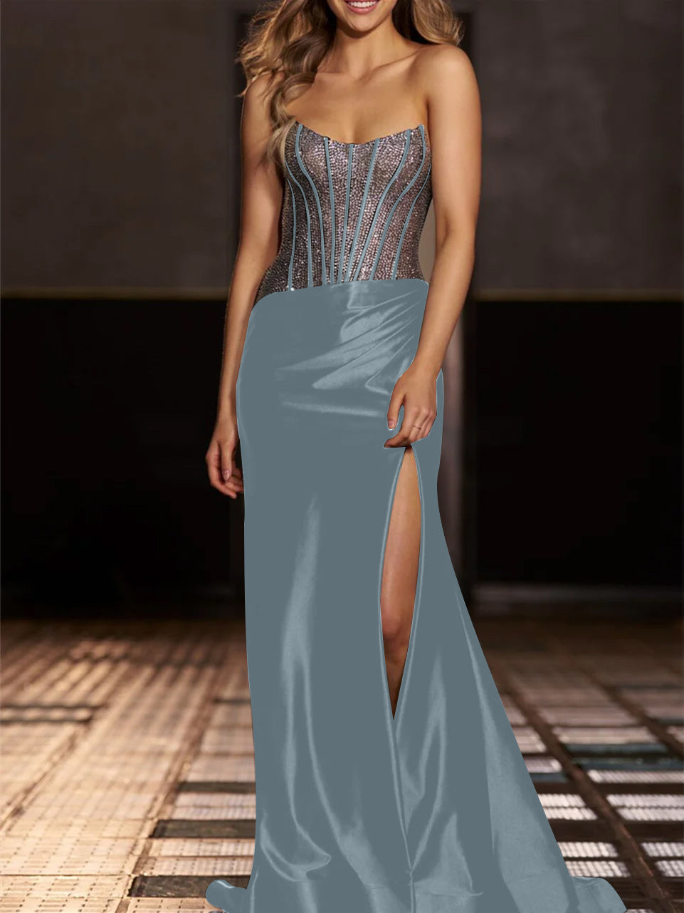 Strapless Floor-Length Evening Gowns with Sequin in Mermaid/Trumpet Style
