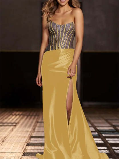 Strapless Floor-Length Evening Gowns with Sequin in Mermaid/Trumpet Style