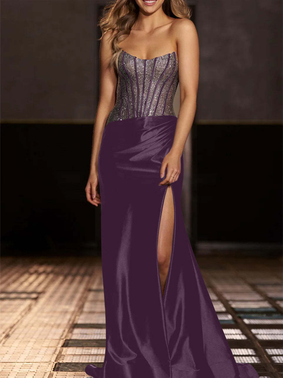 Strapless Floor-Length Evening Gowns with Sequin in Mermaid/Trumpet Style