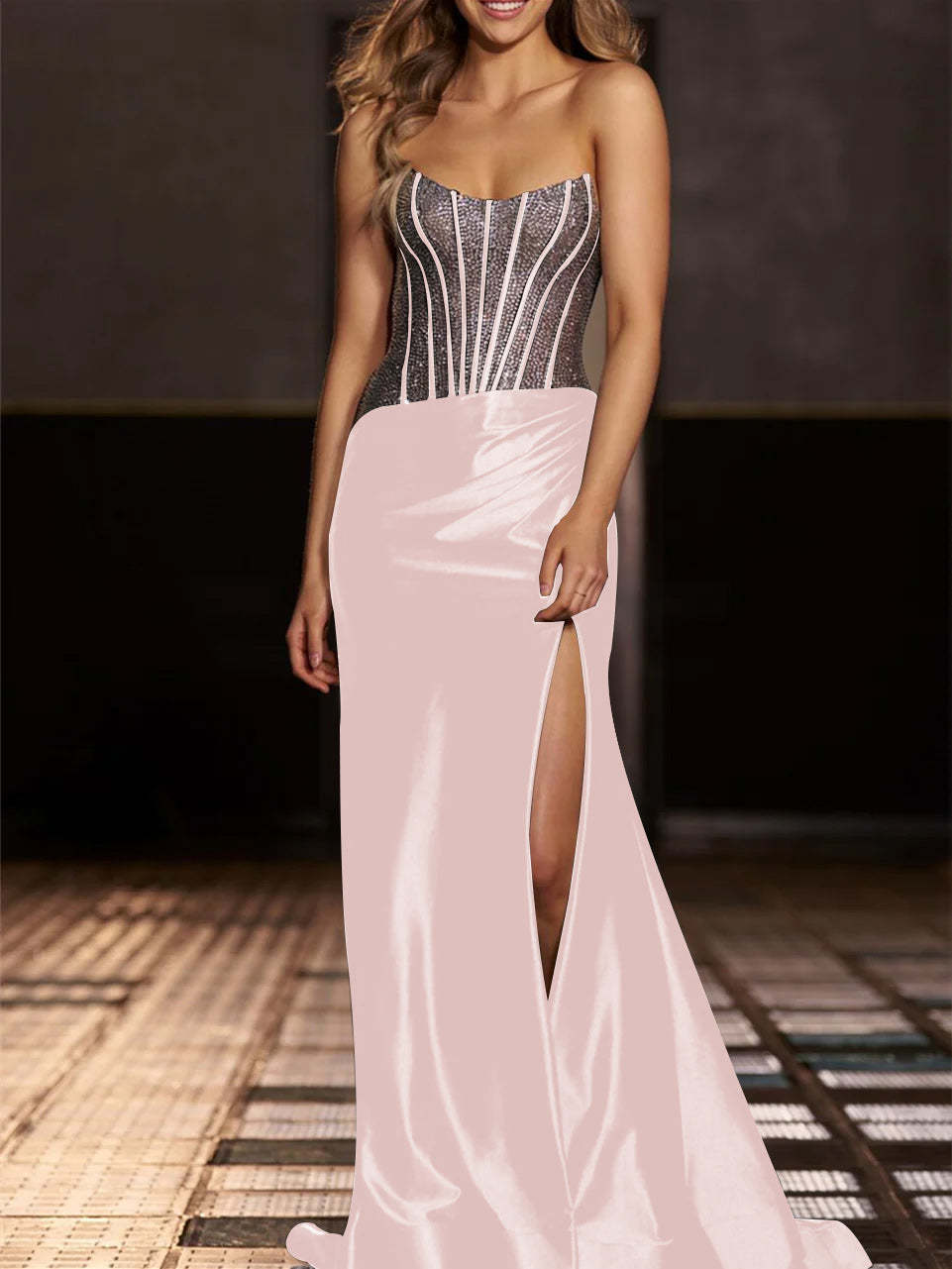 Strapless Floor-Length Evening Gowns with Sequin in Mermaid/Trumpet Style
