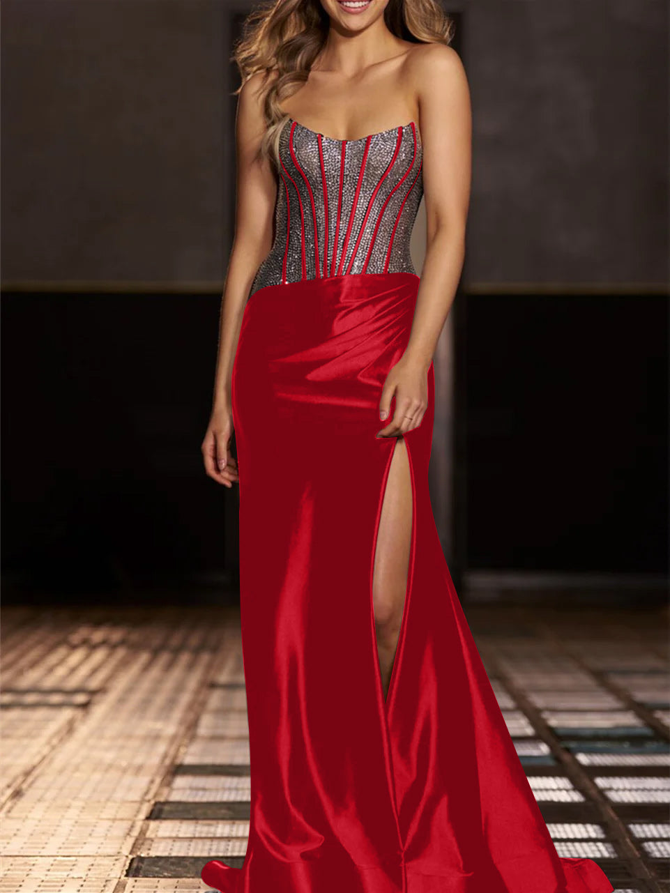 Strapless Floor-Length Evening Gowns with Sequin in Mermaid/Trumpet Style