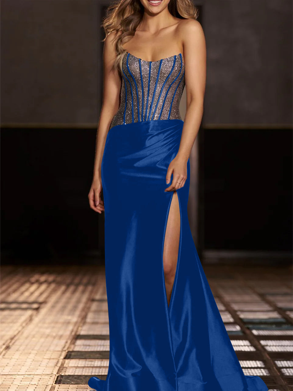 Strapless Floor-Length Evening Gowns with Sequin in Mermaid/Trumpet Style