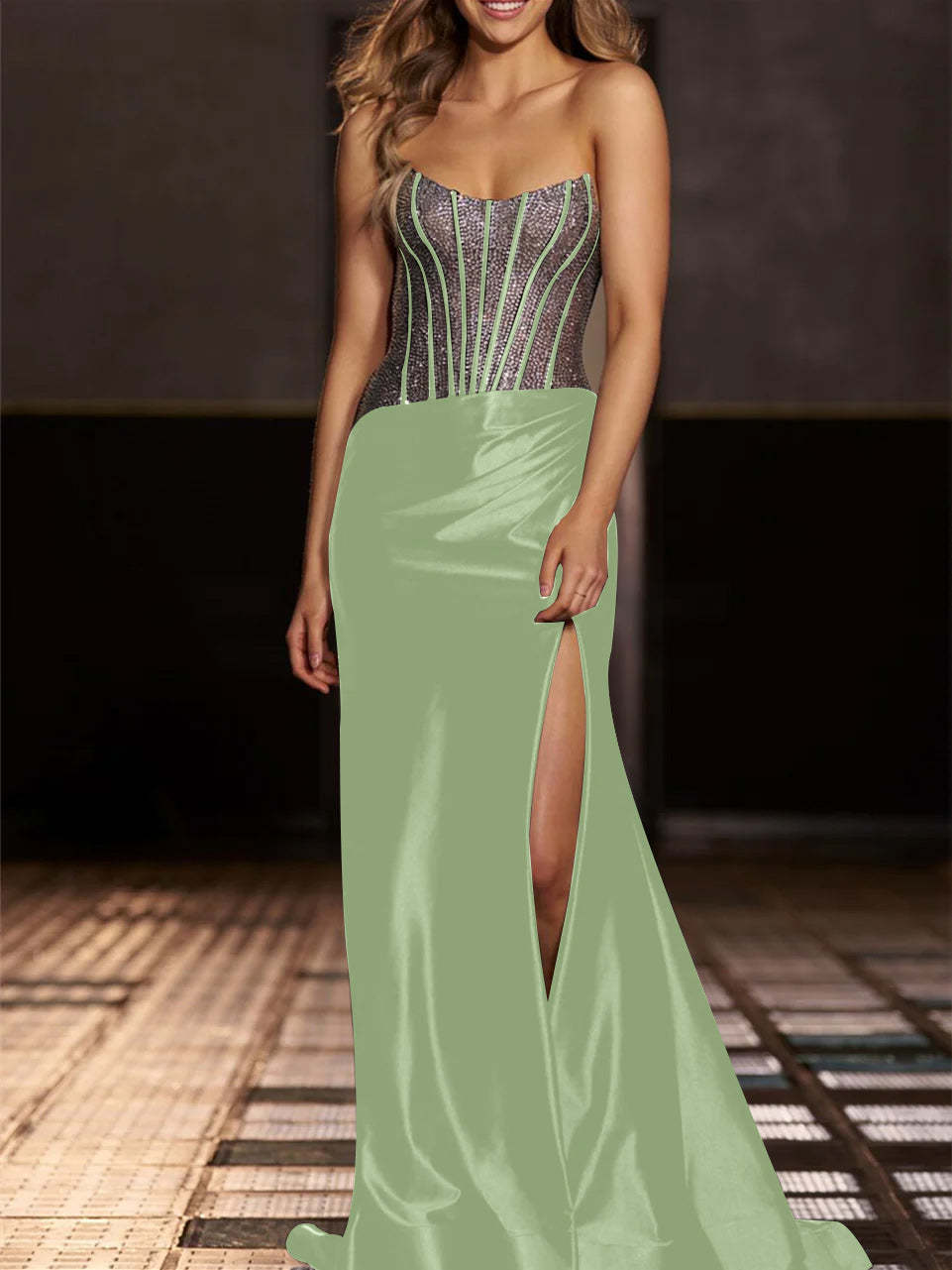 Strapless Floor-Length Evening Gowns with Sequin in Mermaid/Trumpet Style
