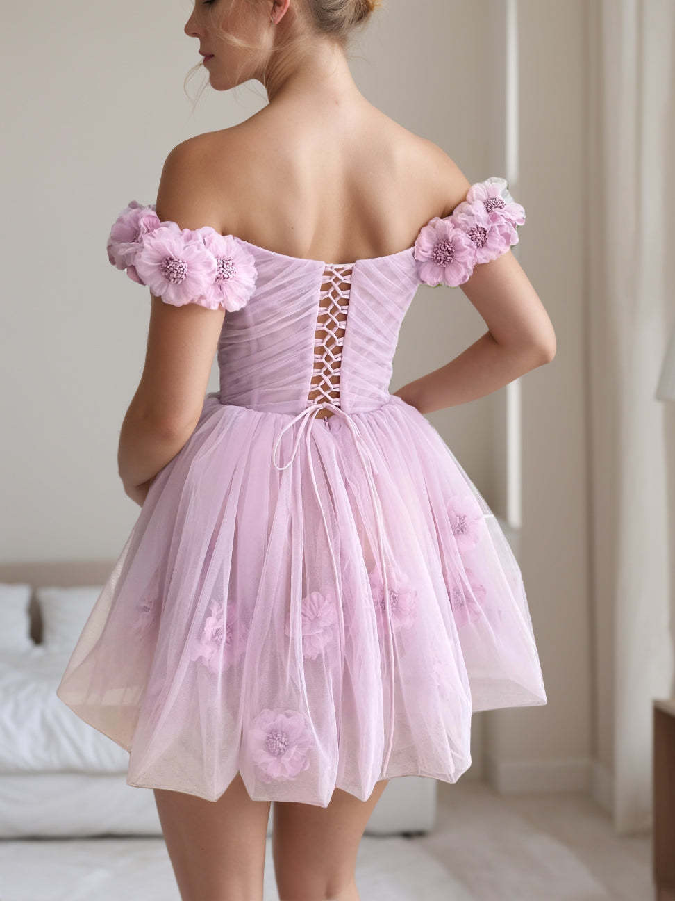 Sweetheart Off-the-Shoulder A-Line Princess Mini Dress with Handmade Pleats and Flowers
