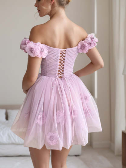 Sweetheart Off-the-Shoulder A-Line Princess Mini Dress with Handmade Pleats and Flowers